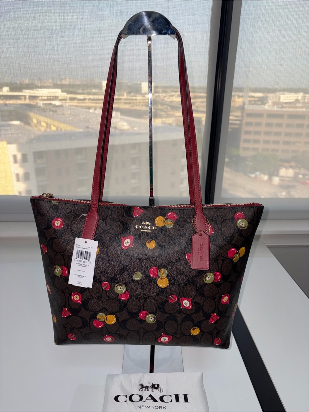 Coach Christmas Ornaments Print Brown Signature Tote Bag with Red Handles